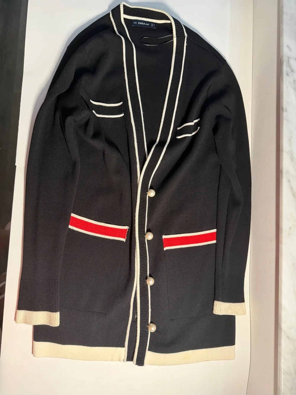 ZARA Women’s Black Longline Cardigan with Pearl Buttons & Contrast Trim